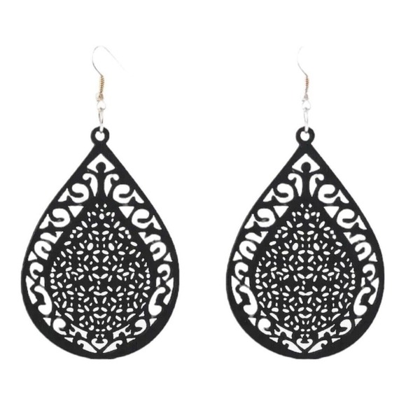 Black Wood Carved pattern droplet shaped Dangle, Earrings retro Ethnic Style - Picture 1 of 1